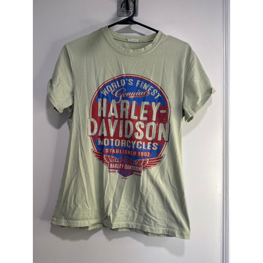 Harley Davidson Biker Graphic T-Shirt Sz:M Sage Green Distressed Cotton Tee